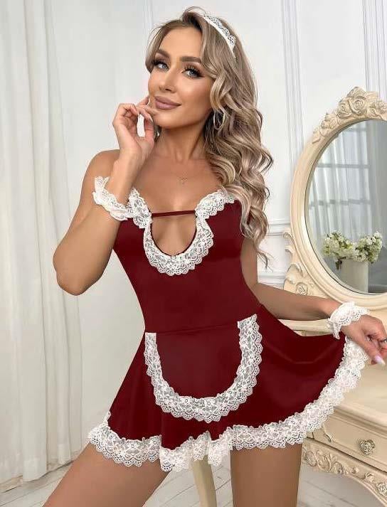 Aria`s Closet Bordo Beyaz Aksesuarlı Dantelli Fantezi Hizmetçi Kostümü Aria`s Closet Bordo Beyaz Aksesuarlı Dantelli Fantezi Hizmetçi Kostümü
