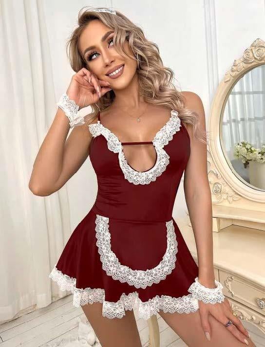 Aria`s Closet Bordo Beyaz Aksesuarlı Dantelli Fantezi Hizmetçi Kostümü Aria`s Closet Bordo Beyaz Aksesuarlı Dantelli Fantezi Hizmetçi Kostümü