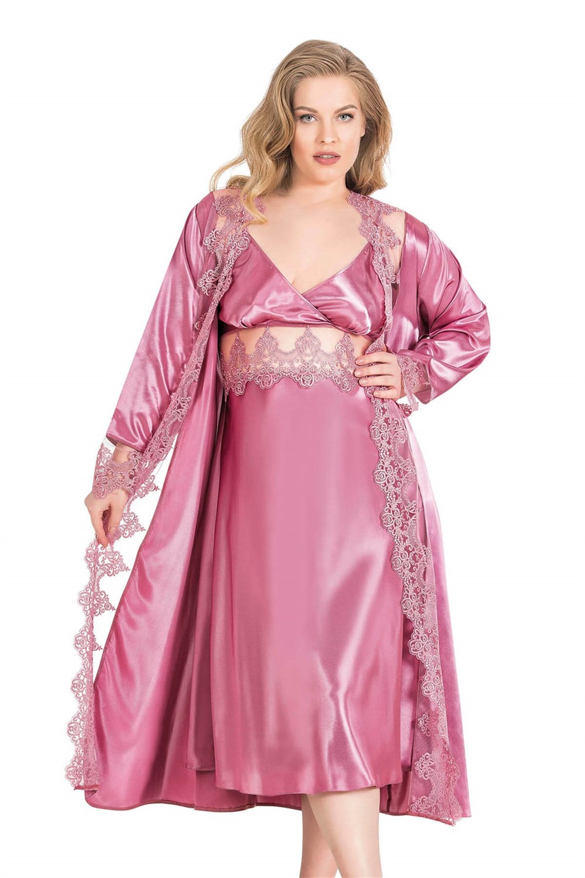 Aria`s Closet Büyük Beden Gül Kurusu Uzun İkili Saten Sabahlık Gecelik Takımı Aria`s Closet Büyük Beden Gül Kurusu Uzun İkili Saten Sabahlık Gecelik Takımı