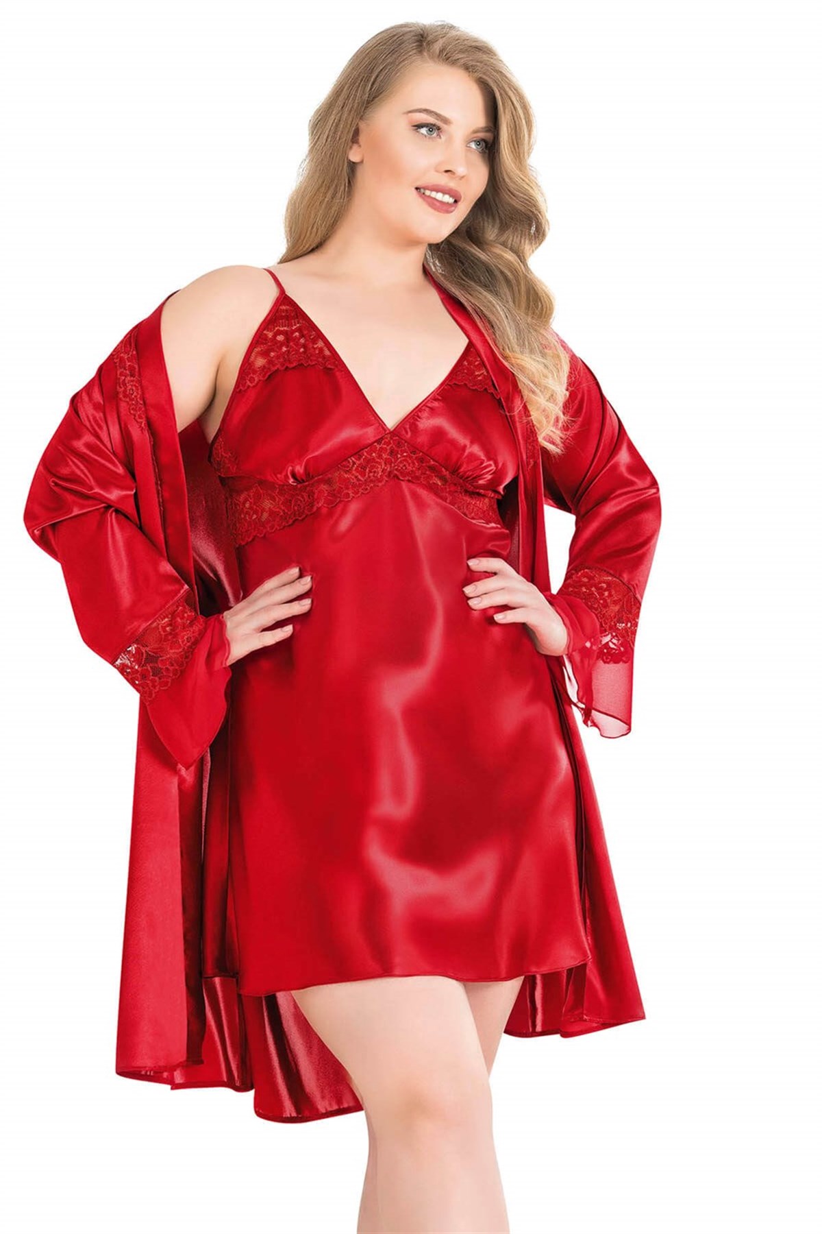 Aria`s Closet Büyük Beden Kırmızı Kısa İkili Saten Sabahlık Gecelik Takımı Aria`s Closet Büyük Beden Kırmızı Kısa İkili Saten Sabahlık Gecelik Takımı