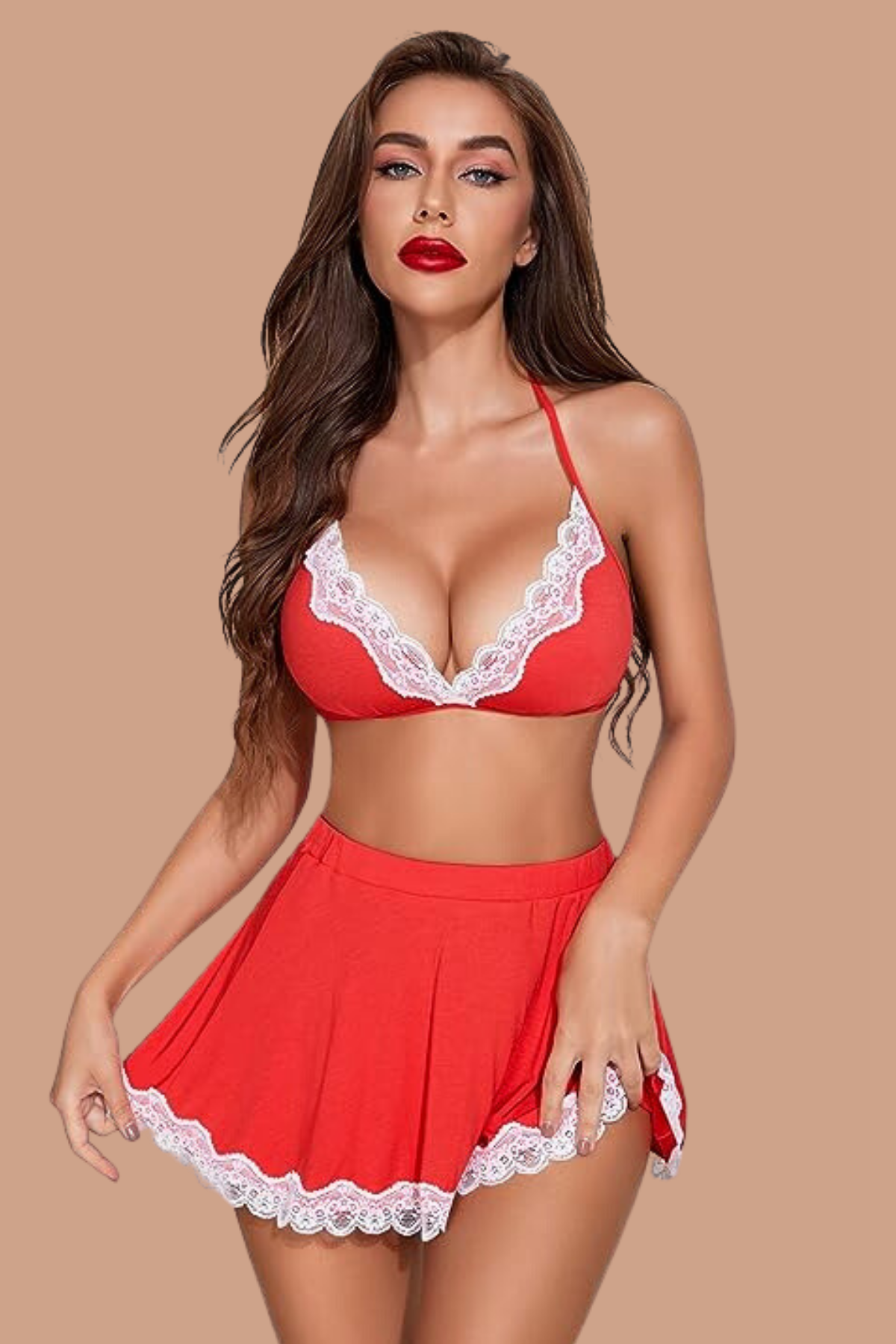 Aria`s Closet Fantezi Şık Kenarları Dantel İle Süslenmiş Hizmetci Kostümü Kırmızı Beyaz Aria`s Closet Fantezi Şık Kenarları Dantel İle Süslenmiş Hizmetci Kostümü Kırmızı Beyaz