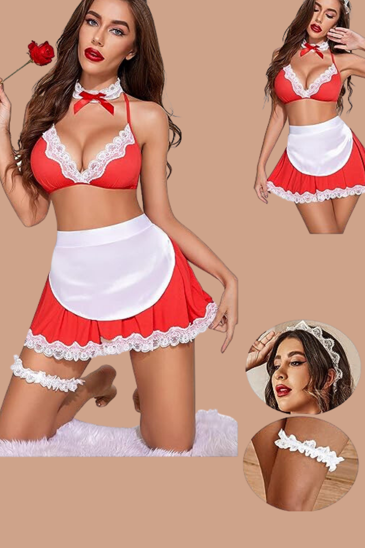 Aria`s Closet Fantezi Şık Kenarları Dantel İle Süslenmiş Hizmetci Kostümü Kırmızı Beyaz Aria`s Closet Fantezi Şık Kenarları Dantel İle Süslenmiş Hizmetci Kostümü Kırmızı Beyaz
