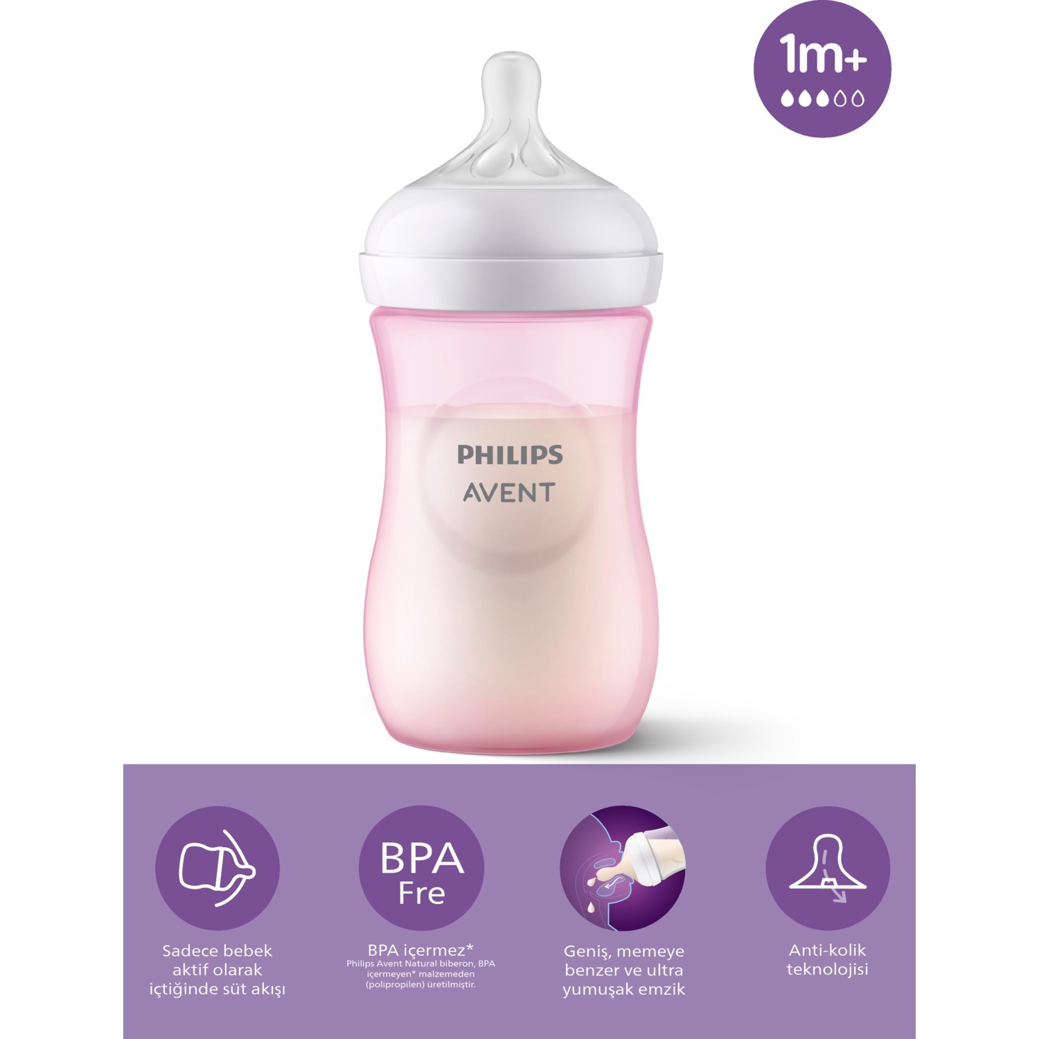 Philips Avent Natural Response PP Pembe Biberon 1+ Ay 260 ml SCY903/11 Philips Avent Natural Response PP Pembe Biberon 1+ Ay 260 ml SCY903/11